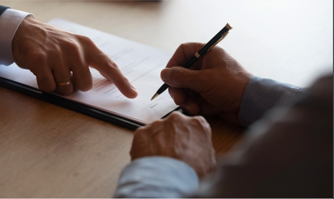 Close-up of two people reviewing a document, one pointing and the other holding a pen.
